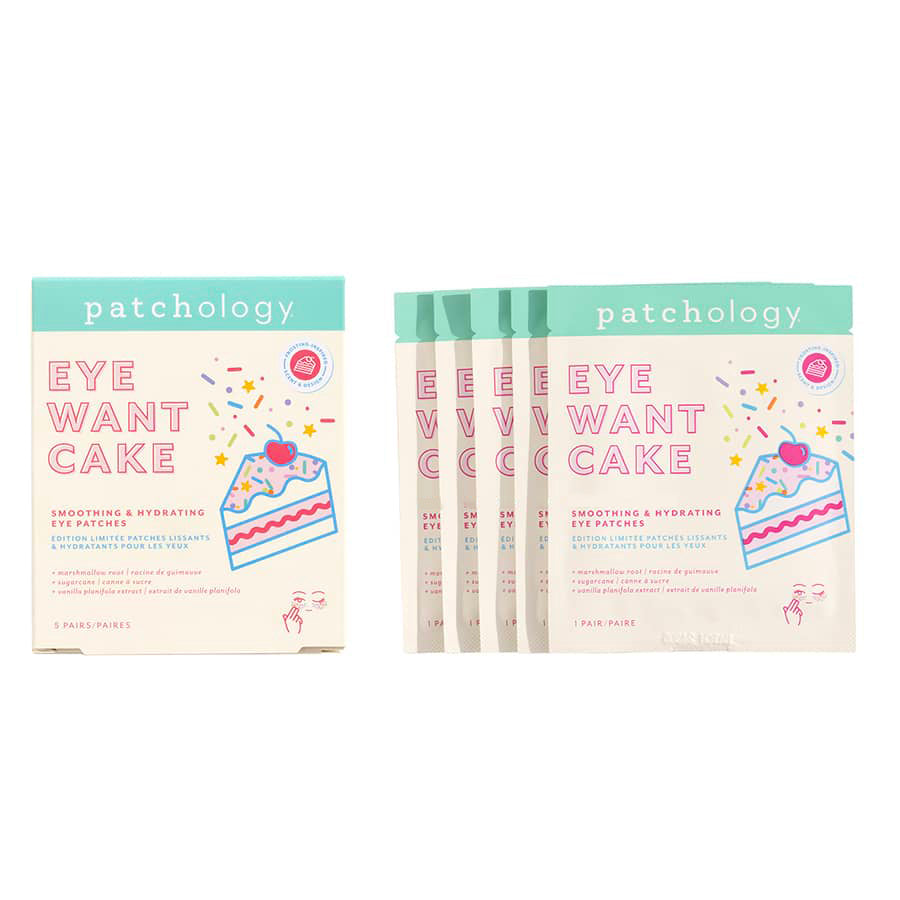 Patchology 'Eye Want Cake' eye patches packaging on a white background