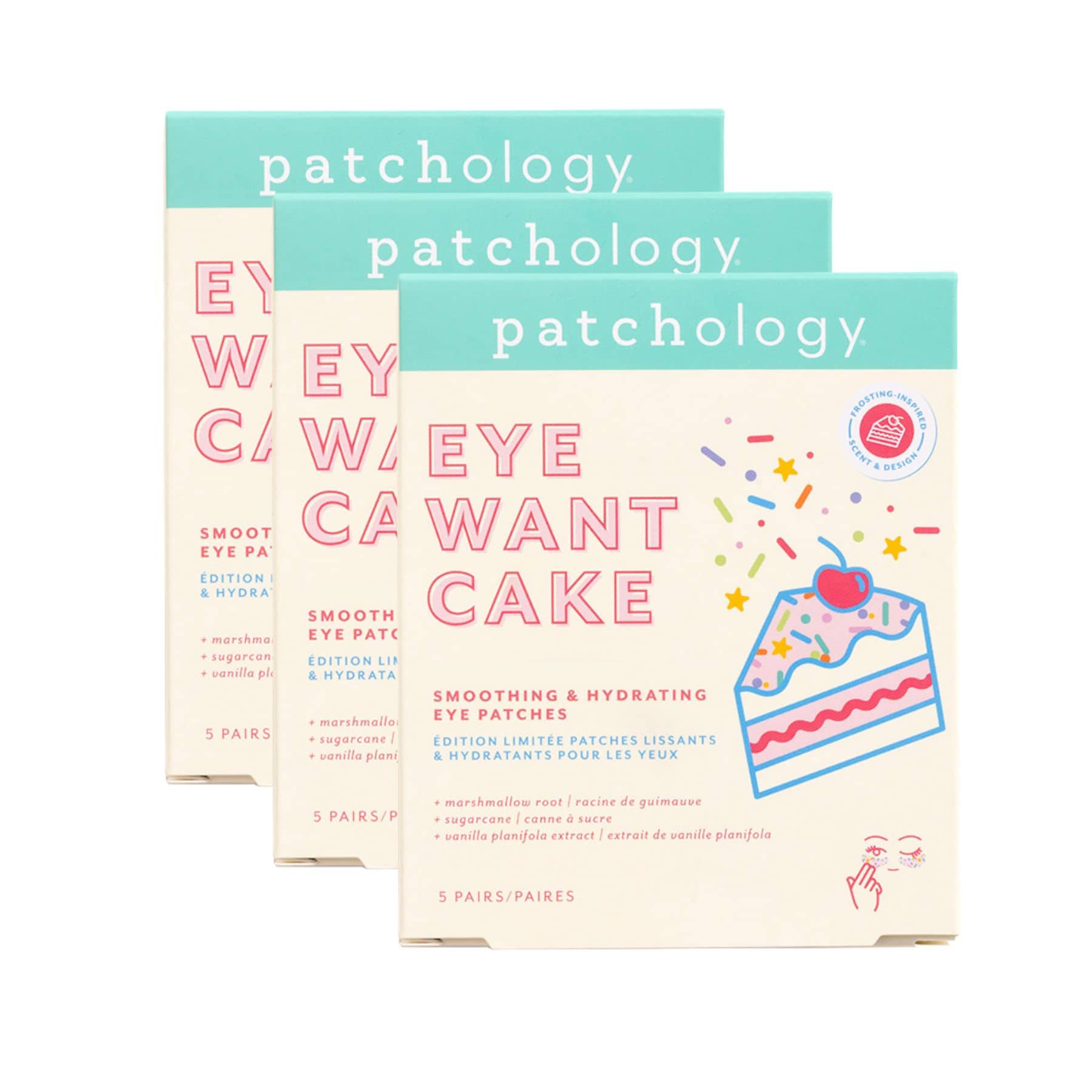 Three packages of patchology eye patches with a cake design on a white background. Smoothing and hydrating undereye no-slip eye patches.