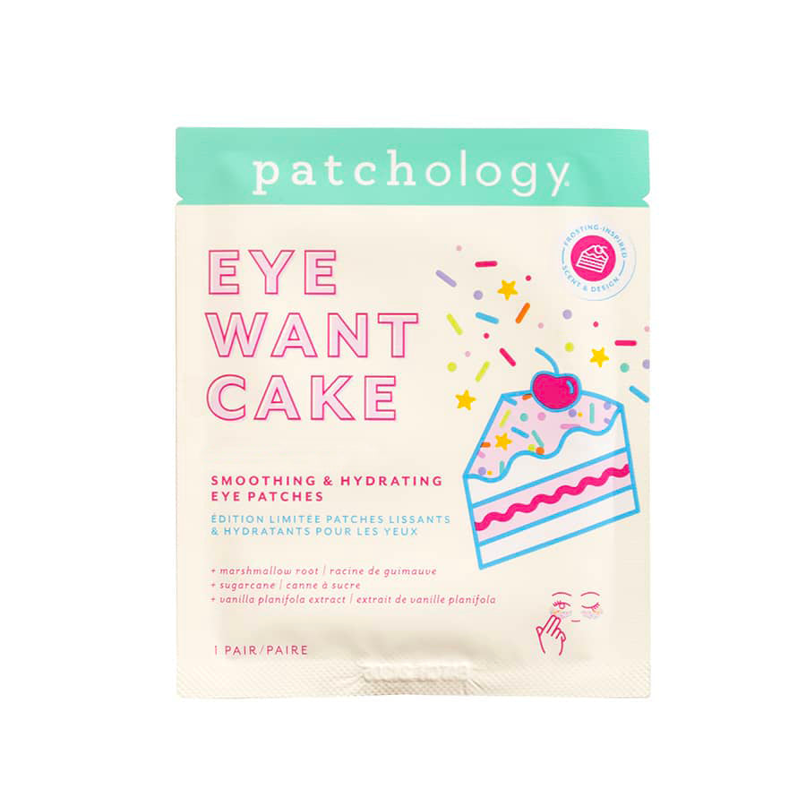 Packaging of Patchology 'Eye Want Cake' eye patches with a cake illustration on a white background.
