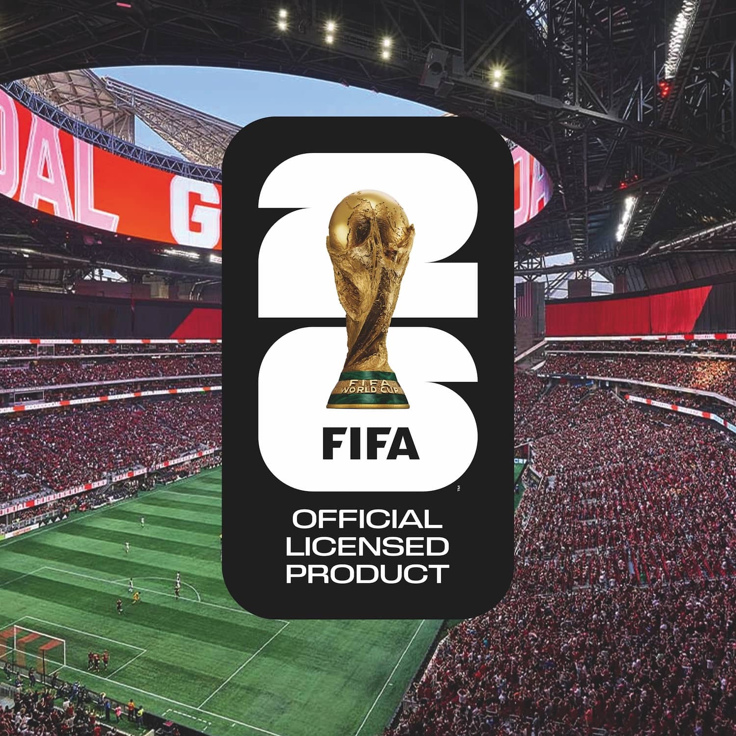 FIFA World Cup trophy logo with a stadium in the background