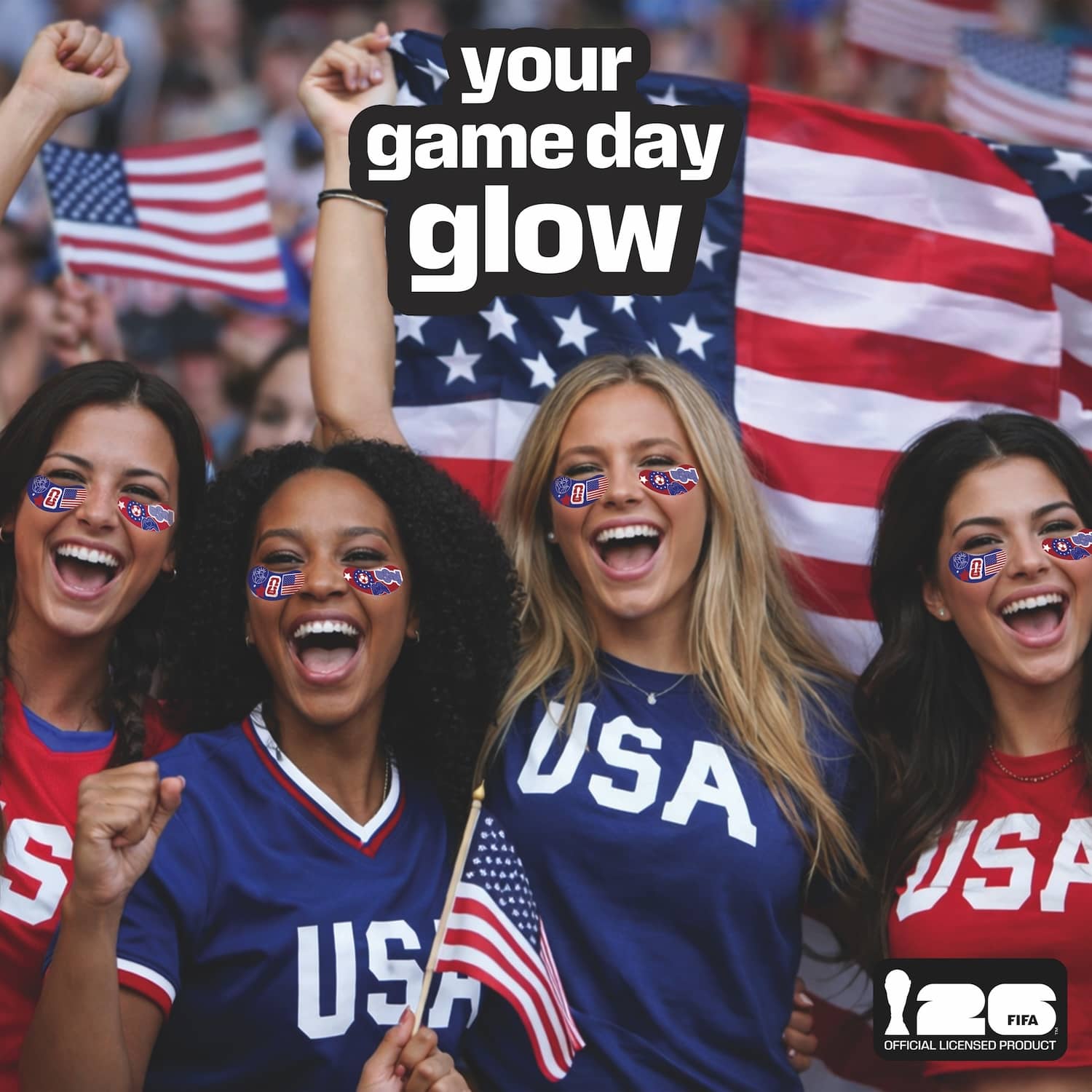 Four women cheering with American flags and 'USA' shirts, with text 'your game day glow' patchology fifa under-eye patches.