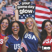 Four women cheering with American flags and 'USA' shirts, with text 'your game day glow' patchology fifa under-eye patches.