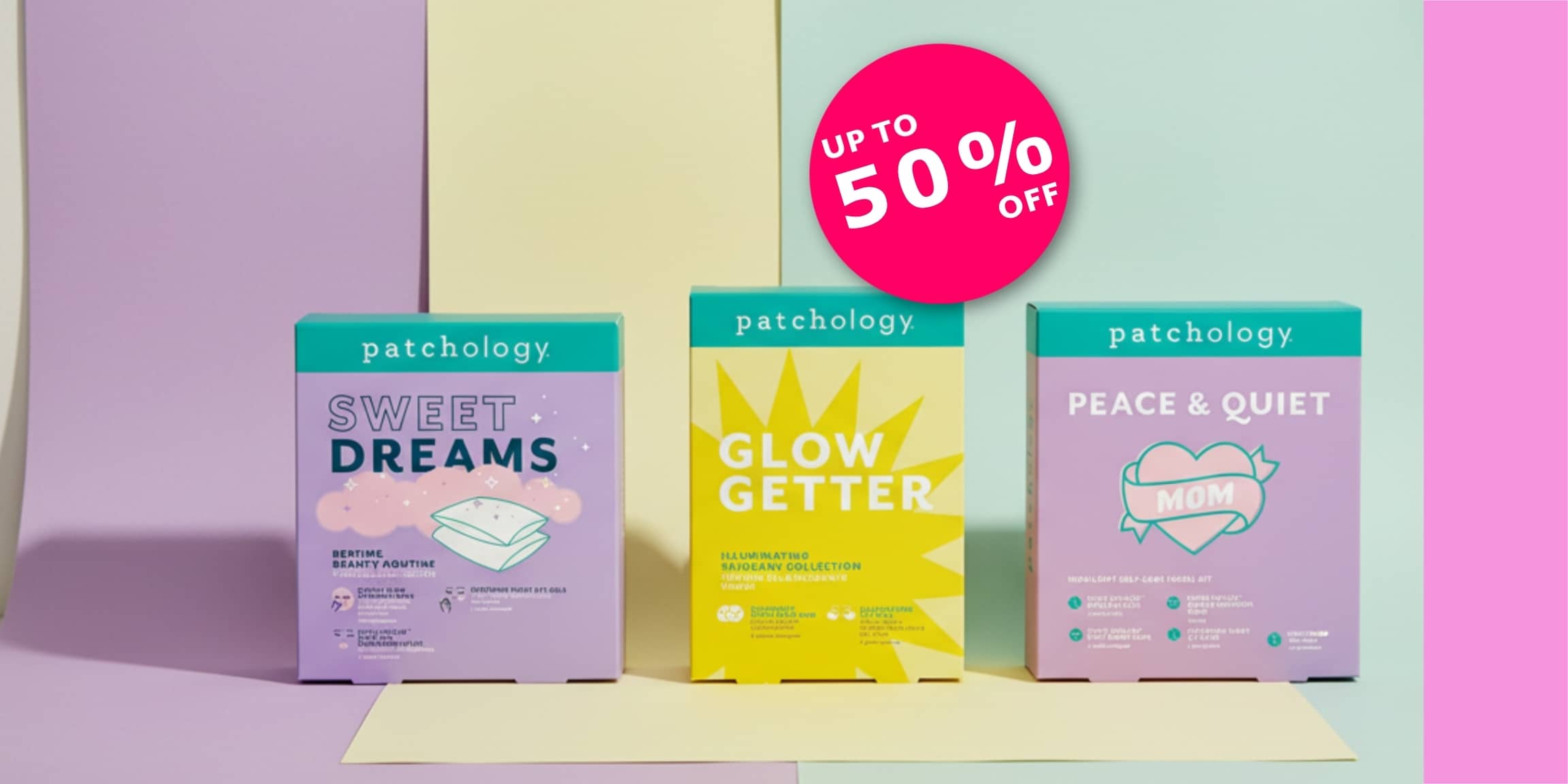 Three Patchology skincare bundles for spring with colorful packaging on a pastel background, featuring a discount up to 50% off offer.