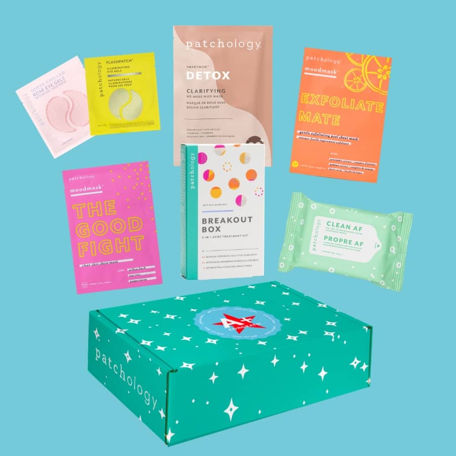 Patchology skincare product set including packets and a box on a blue background
