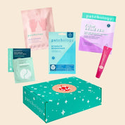 Collection of Patchology skincare products including packets and a box on a beige background