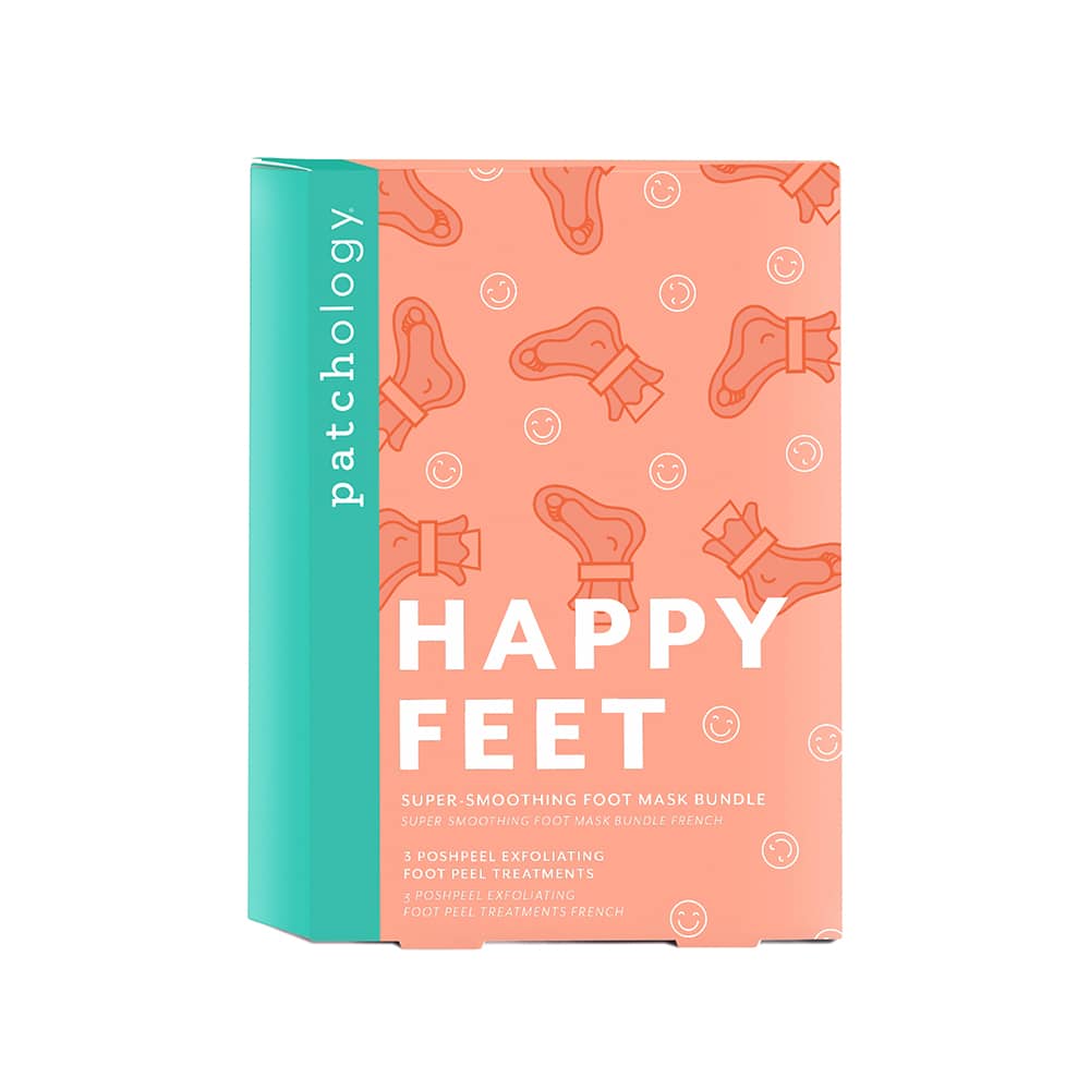 Box of 'Happy Feet' foot mask bundle  to exfoliate winter dry cracked feet on a white background
