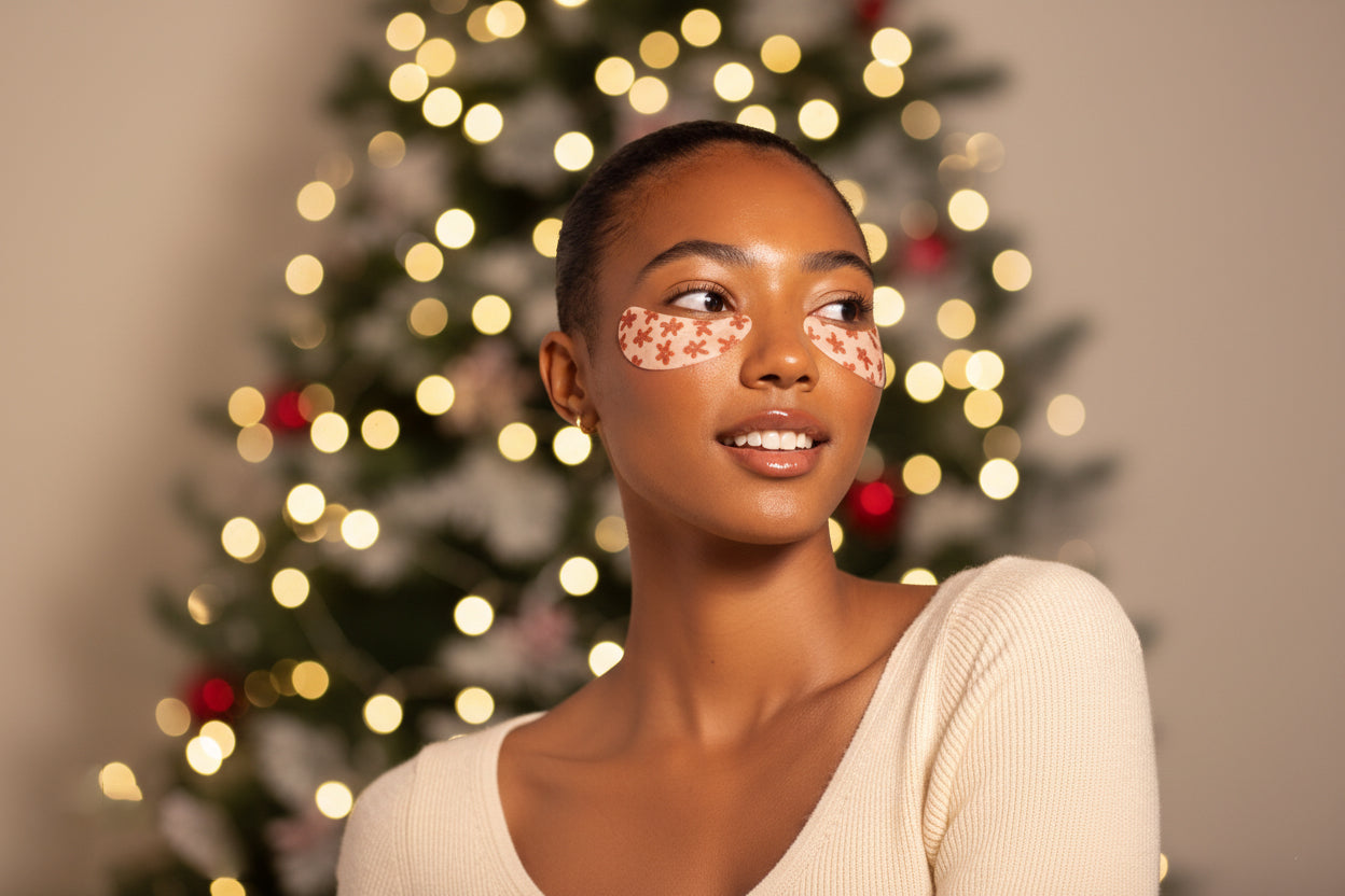 Woman with decorative holiday eye patches Holiday Treats in front of a Christmas tree