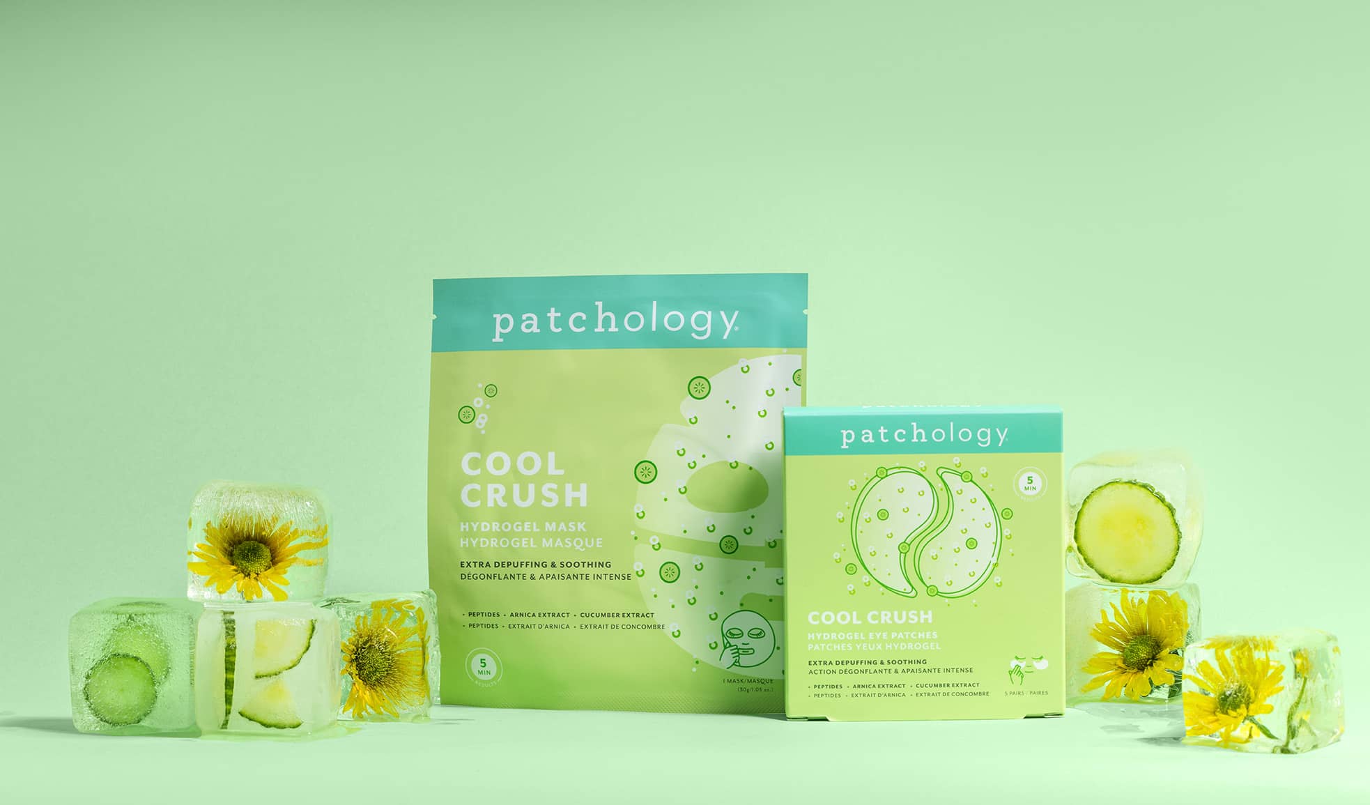 Patchology Cool Crush skincare products on a light green background