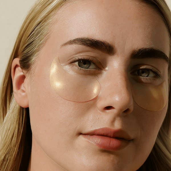 Woman wearing under-eye patches with a neutral background