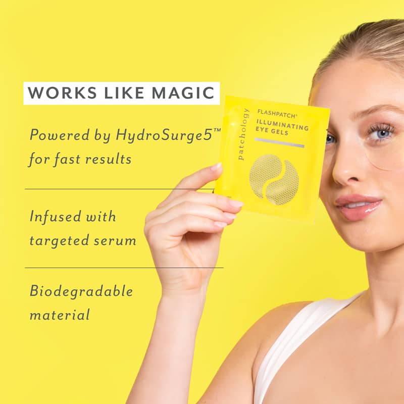 Woman holding a yellow eye gel packet with text about its benefits on a yellow background