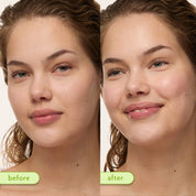 Before and after close-up portrait comparison of a woman's face, showing skincare or cosmetic results. The left side is labeled 'before' and the right side is labeled 'after' in light green pill-box style labels.