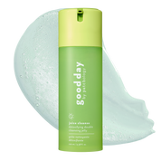 A bottle of Good Day by Patchology Juice Cleanses Detoxifying Double Cleansing Jelly in a light green and lime green color scheme, shown with a large translucent light green jelly smear behind it on a white background.