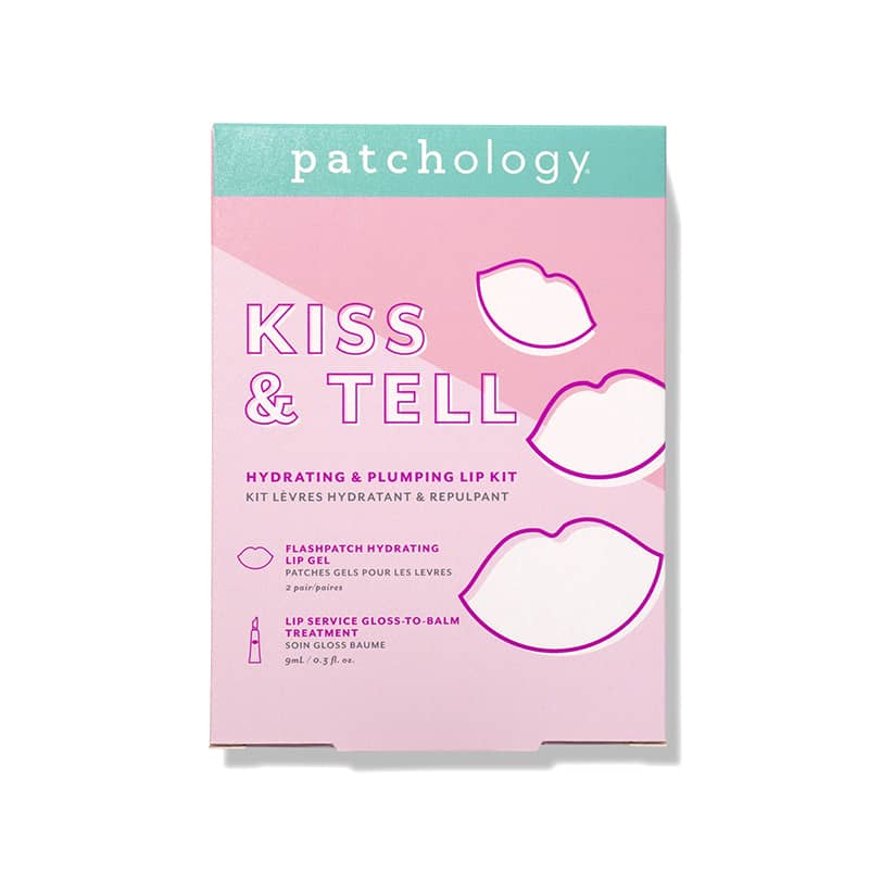 Hydrating and plumping lip kit box with pink design and lip on a white background
