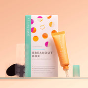 Patchology breakout box and sos pimple treatment kit on a peach background