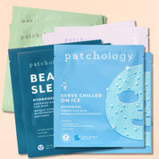 Patchology hydrogel face mask packets on a beige background exclusive 8 pack bundle