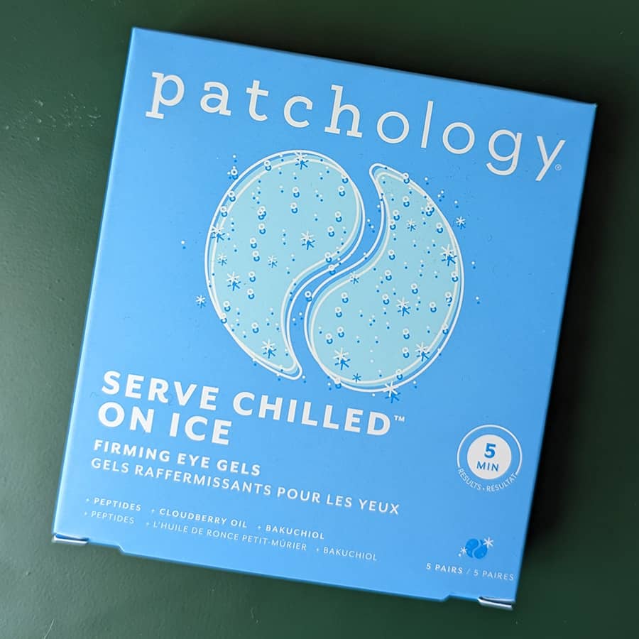 Patchology Serve Chilled On Ice firming eye gels box, blue cooling under-eye patch skincare packaging
