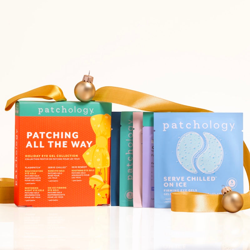 Patchology eye gel collection with decorative ribbon and ornaments on a white background