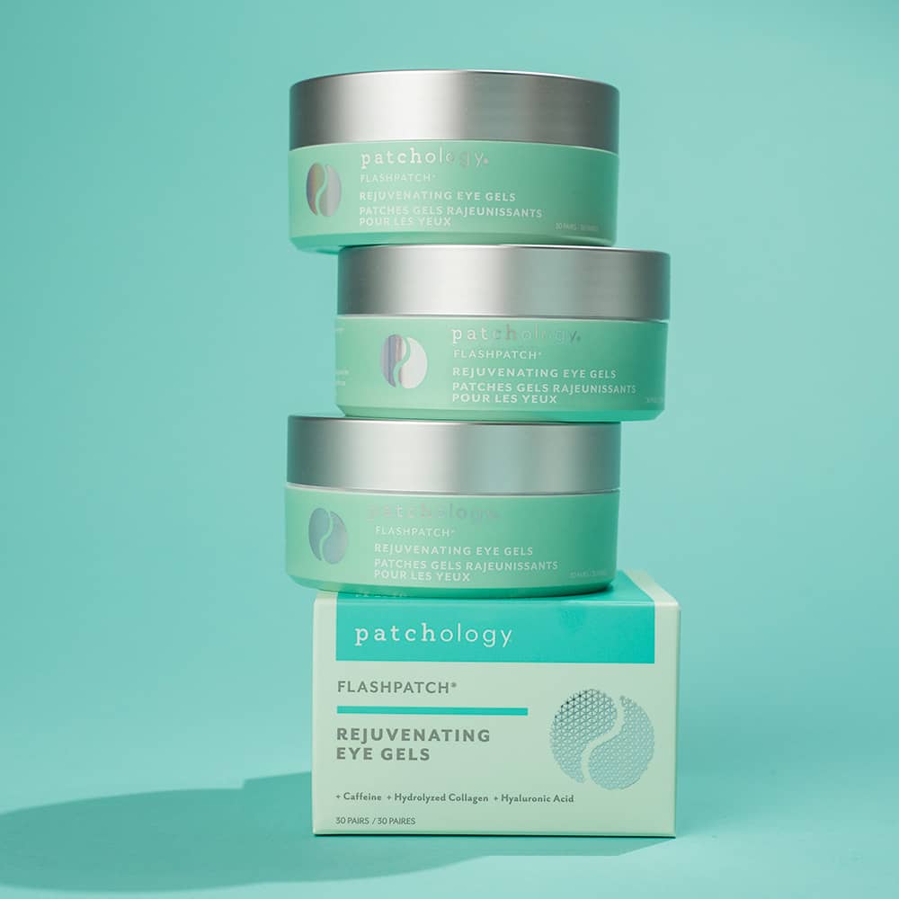 Patchology FlashPatch Rejuvenating Eye Gels stacked in three teal jars on a matching box for a morning skincare routine.