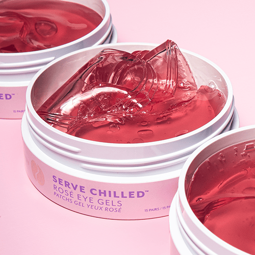 Patchology Serve Chilled Rosé eye gels jar with pink gel patches and serum texture, hydrating under-eye treatment