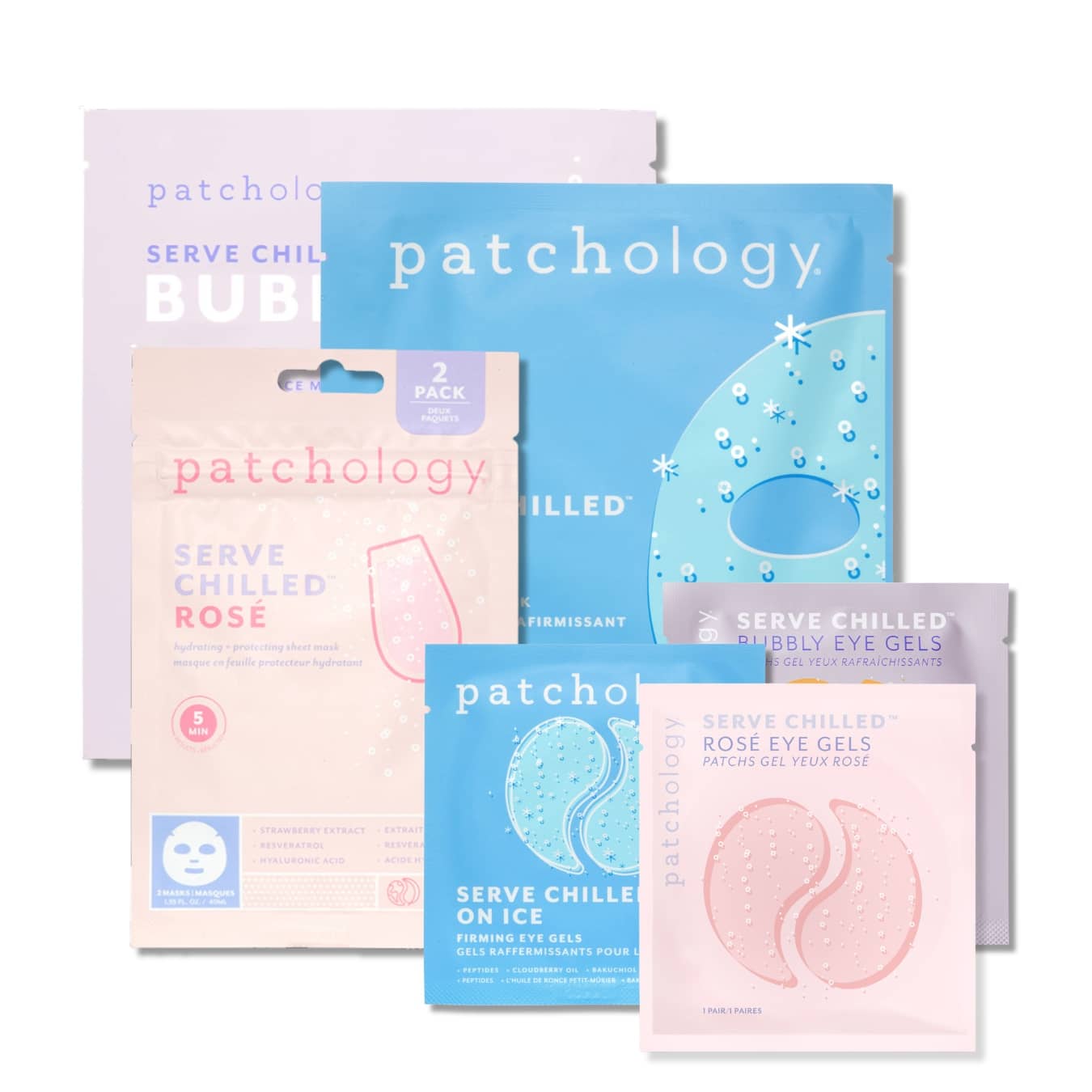Collection of Patchology eye gel packs and hydrogel masks on a white background exclusive Serve Chilled bundle