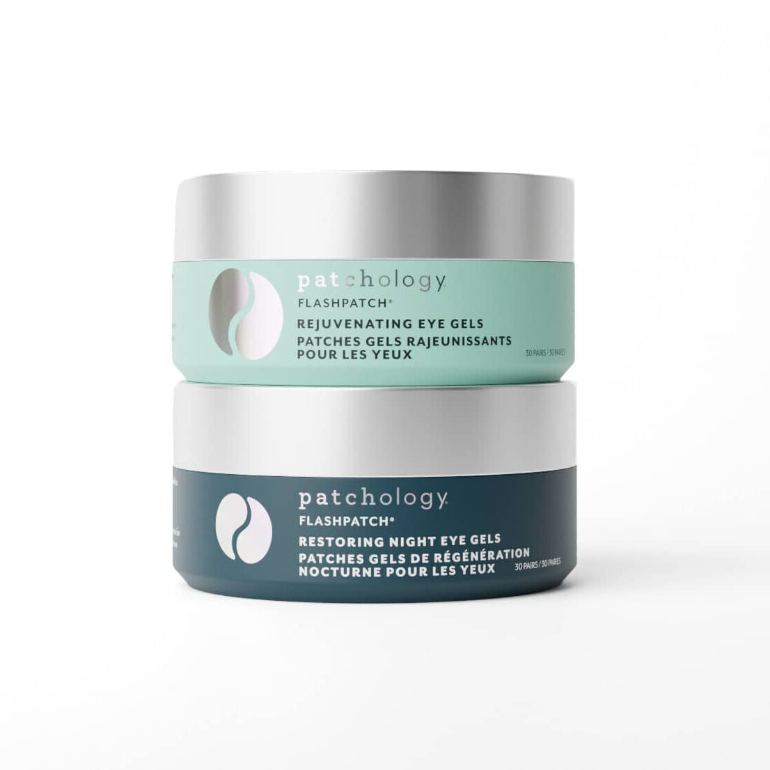 Two jars of Pathology Flashpatch eye gel stacked vertically on a clean white background. The top jar is labeled 'Rejuvenating Eye Gels' in a mint green color, and the bottom jar is labeled 'Restoring Night Eye Gels' in a dark teal color.