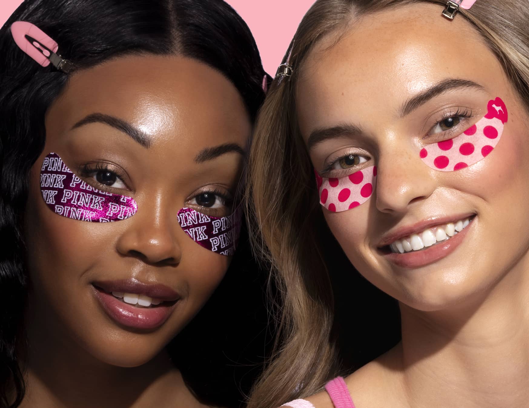 two women wearing under eye hydrating patches pink