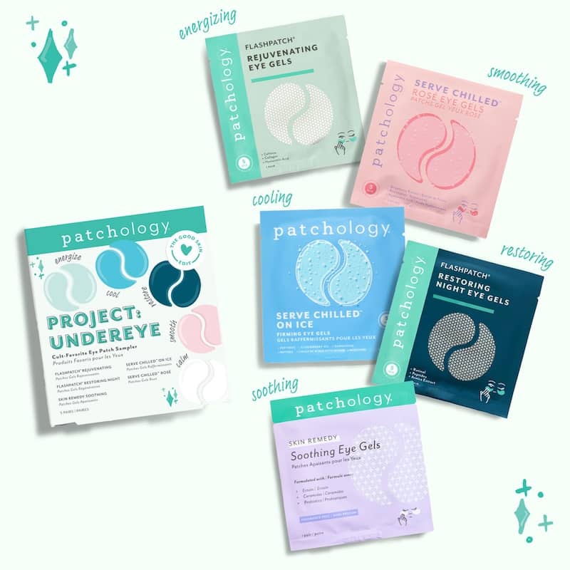 Sampler box with five packets labeled energizing, smoothing, cooling, restoring, and soothing on a mint background