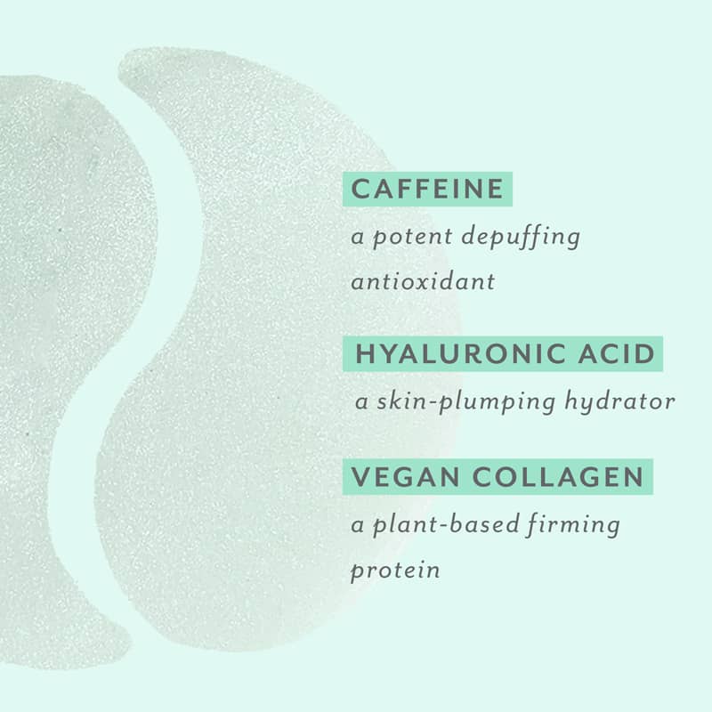 Text on a light blue background with product benefits listed caffeine depuffing hyaluronic acid a skin-plumping hydrator and vegan collagen a plant based firming protein