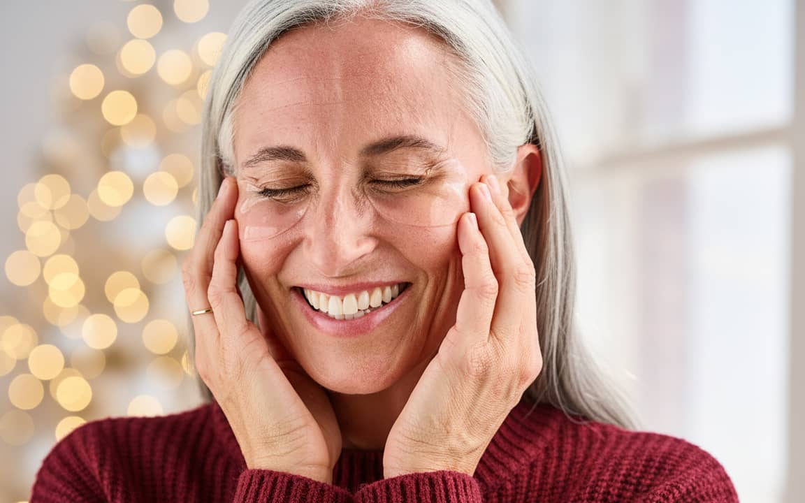Woman with gray hair smiling and touching her face against a blurred background with lights wearing Rose eye patches