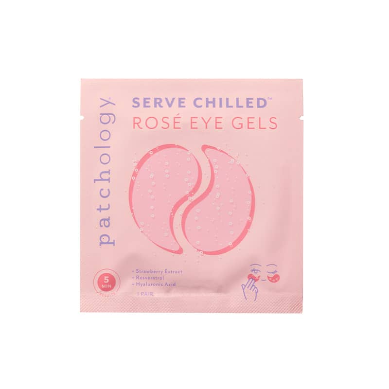Patchology Rosé eye gels packaging on a white background