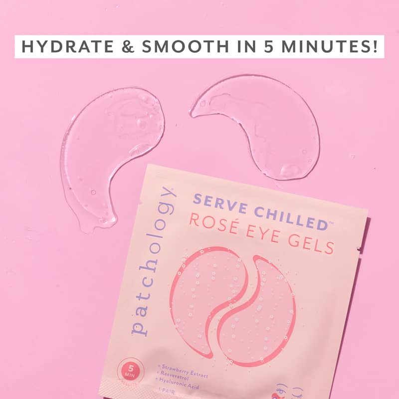 Patchology Rosé Eye Gels packaging on a pink background with text 'Hydrate & Smooth in 5 Minutes'.