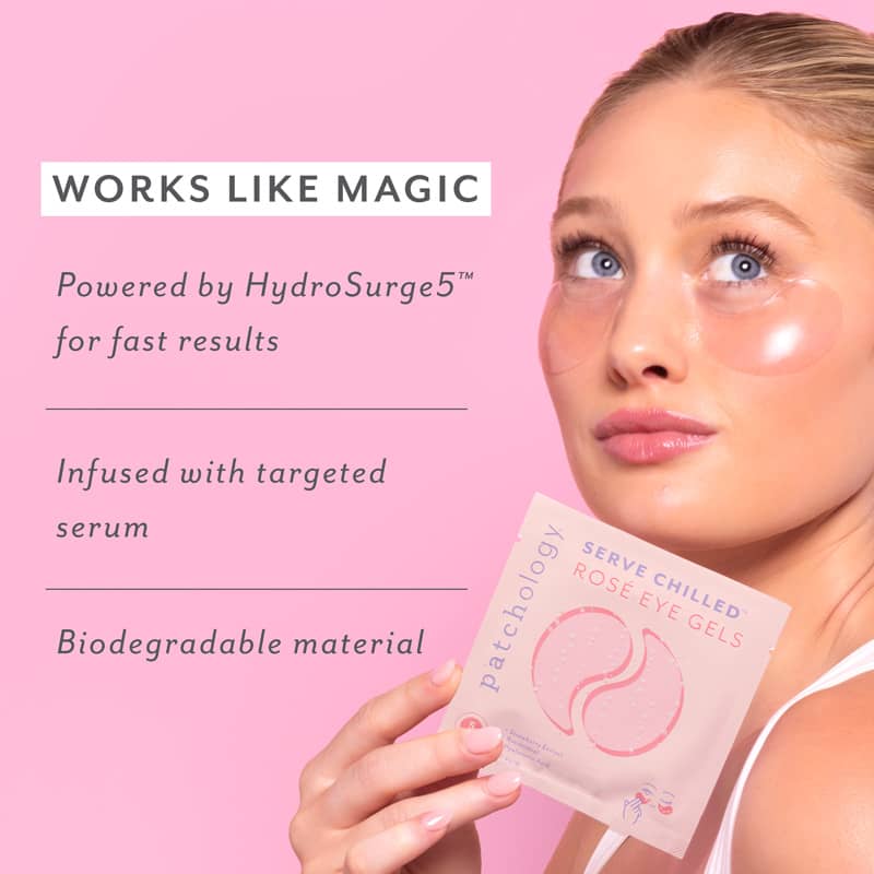 woman wearing rose eye maksks works like magic powered by hydrosurge 5 for fast results infused with targeted serum biodegradable material