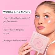 woman wearing rose eye maksks works like magic powered by hydrosurge 5 for fast results infused with targeted serum biodegradable material