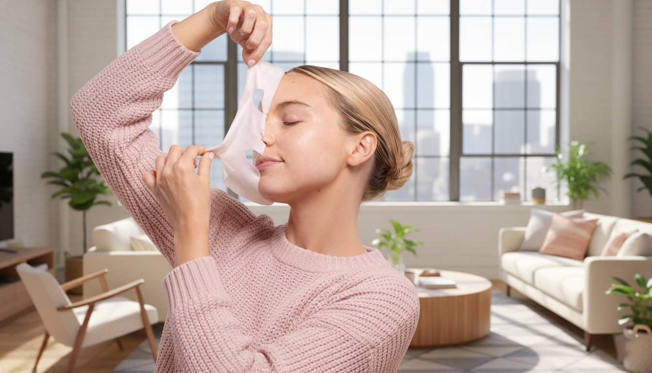 Woman in a pink sweater stretching in a modern living room with large windows removing a sheet mask.