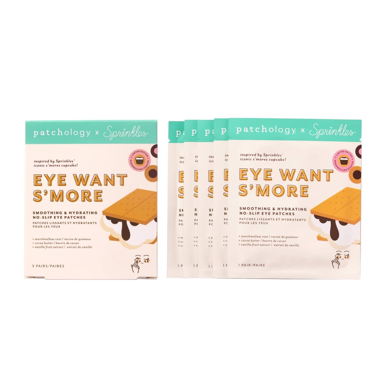 Two packages of 'Eye Want S'More' eye patches by Patchology on a white background