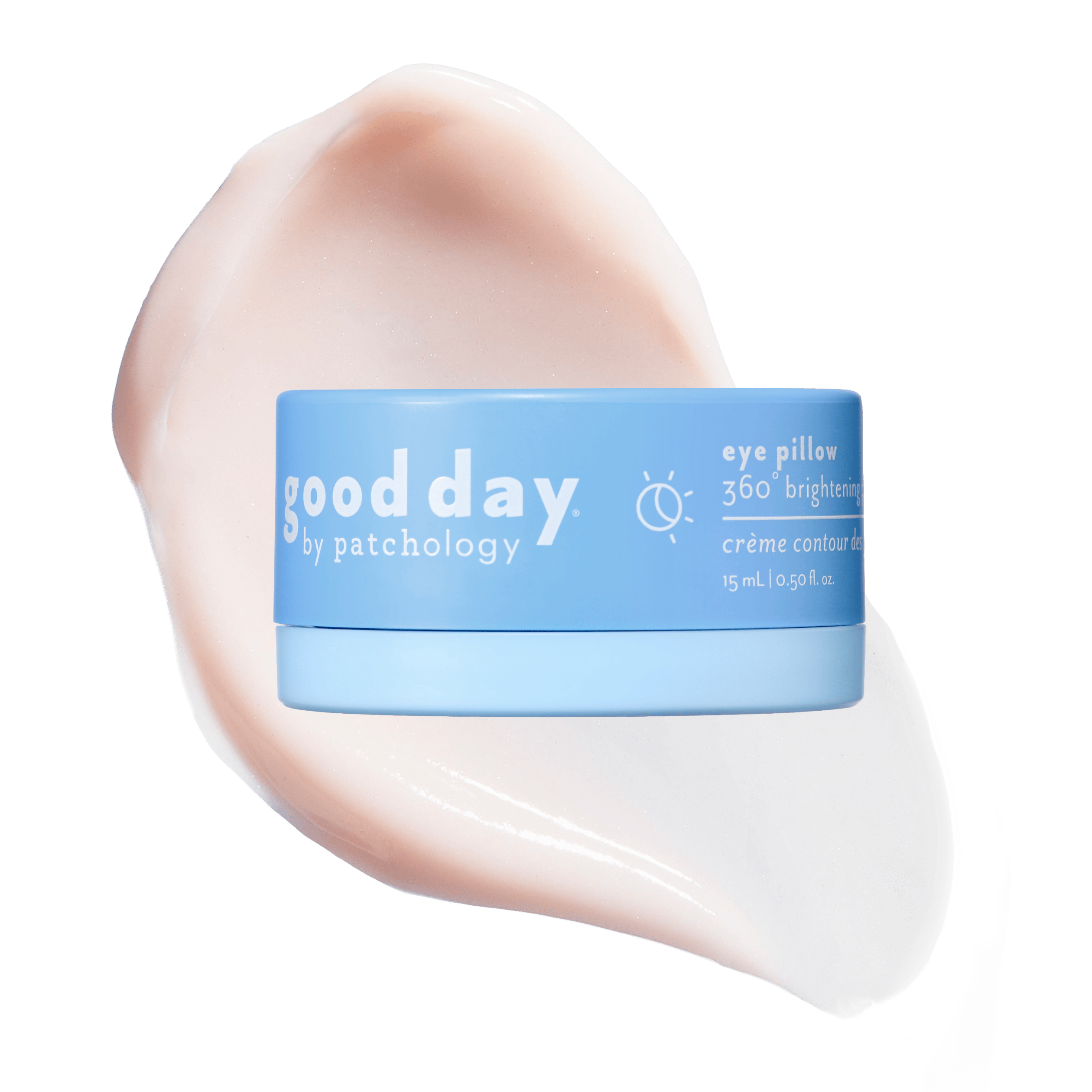 Eye cream product packaging centered over a large pale pink cream smear on a solid background.