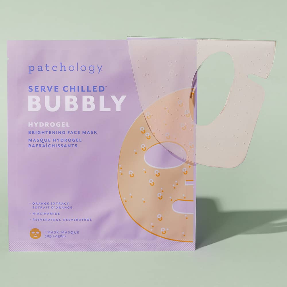 Patchology Packaging and product serve chilled bubbly hydrogel brightening face mask