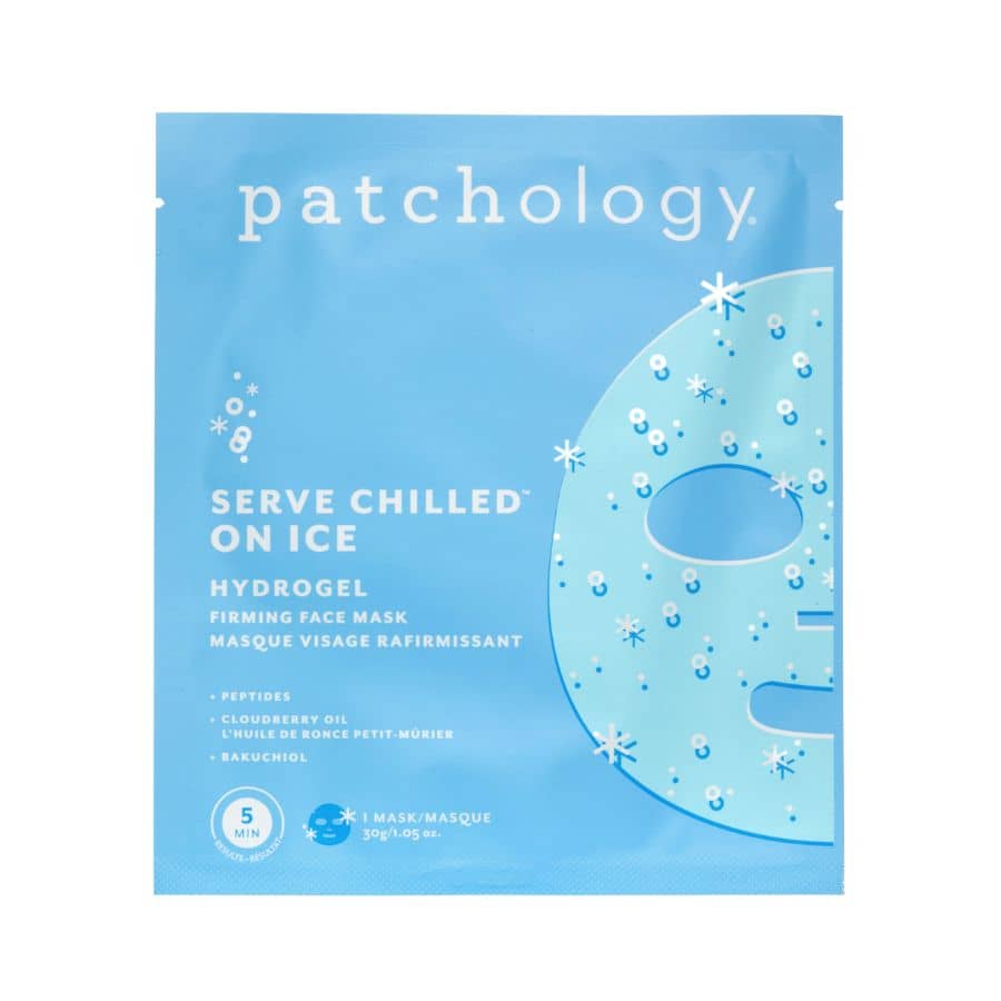 Patchology Serve Chilled On Ice Hydrogel Firming Face Mask in a light blue packet, featuring peptides, cloudberry oil, and bakuchiol for a cooling skincare treatment.